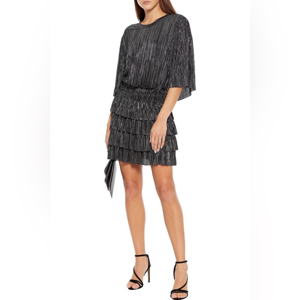 IRO Paris Cuzco Metallic Pleated Mini Dress Tiered Ruffle 40 Silver Black